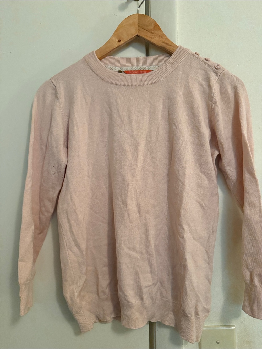 Modcloth Pale Pink Crewneck Sweater with Shoulder Buttons